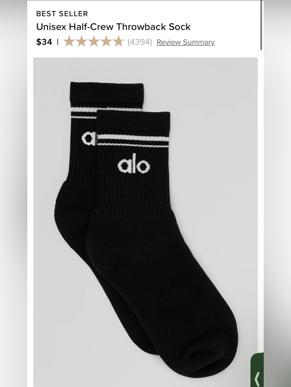 ALO YOGA Unisex Half-Crew Throwback Sock, BLACK NWT